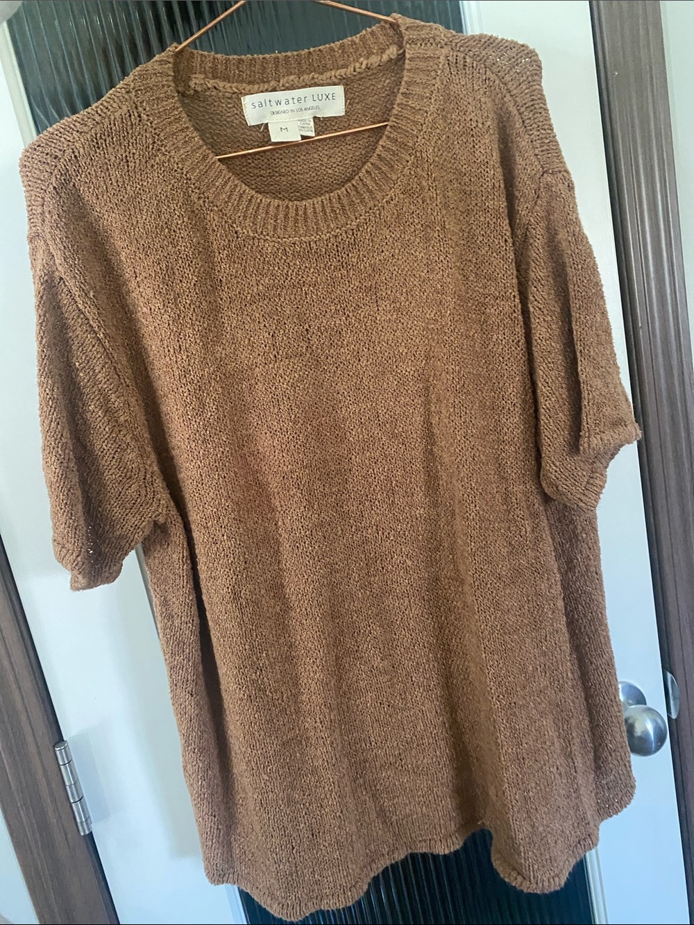 saltwater LUXE Short-Sleeve Crewneck Sweater in Warm Brown